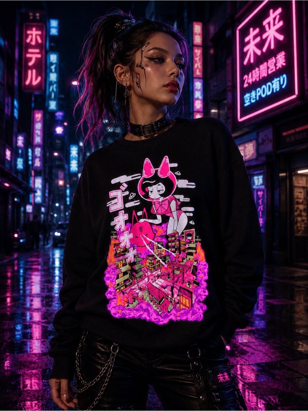 APARI Cat City Rare Black Pink Cyberpunk Streetwear Sweatshirt Size M